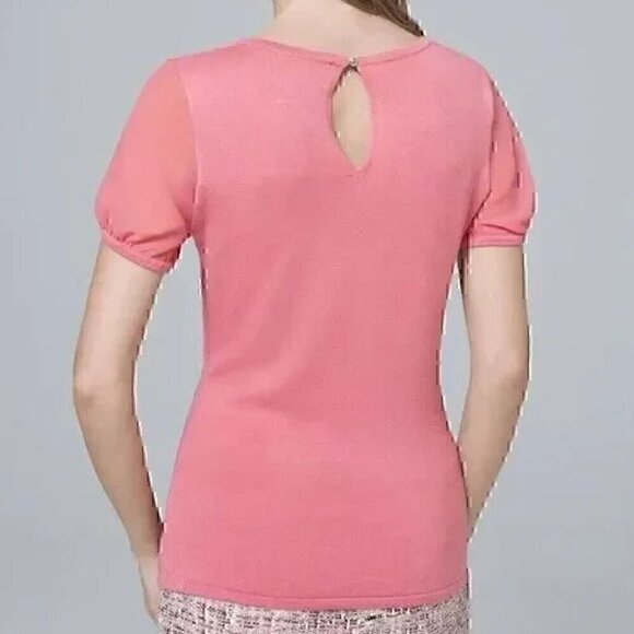 WHITE HOUSE BLACK MARKET WHBM Woven Short Sleeve Top Pink Mixed Media Knit Work - Picture 3 of 14